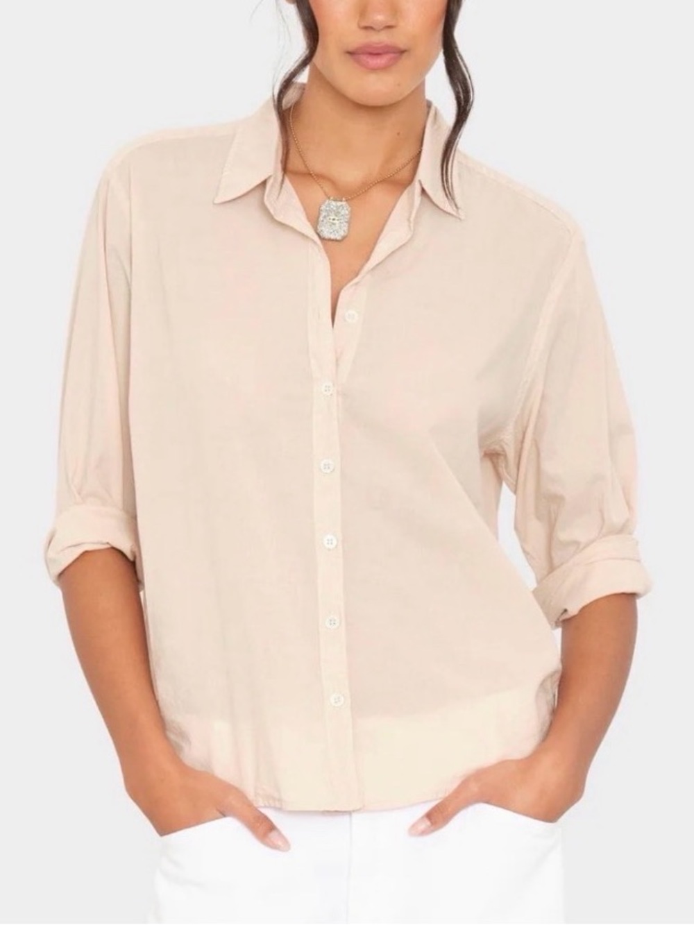 XiRENA Bowie Relaxed Button-Down Shirt in Light Beige Size Large